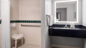 Un baño con ducha, inodoro, lavabo y espejo.