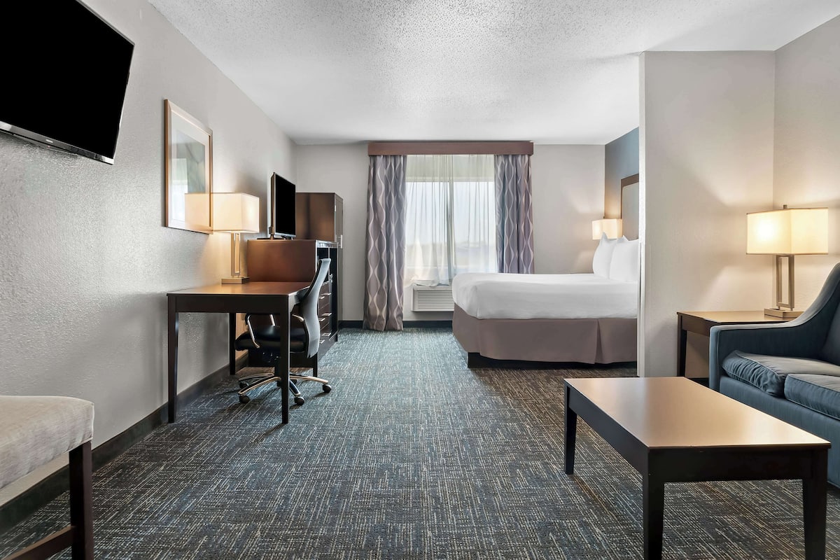 A hotel room with a bed, a desk with a chair, a TV, a sofa, and a lamp.