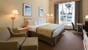 Una habitación de hotel con una cama, una silla, un escritorio y una ventana con cortinas.