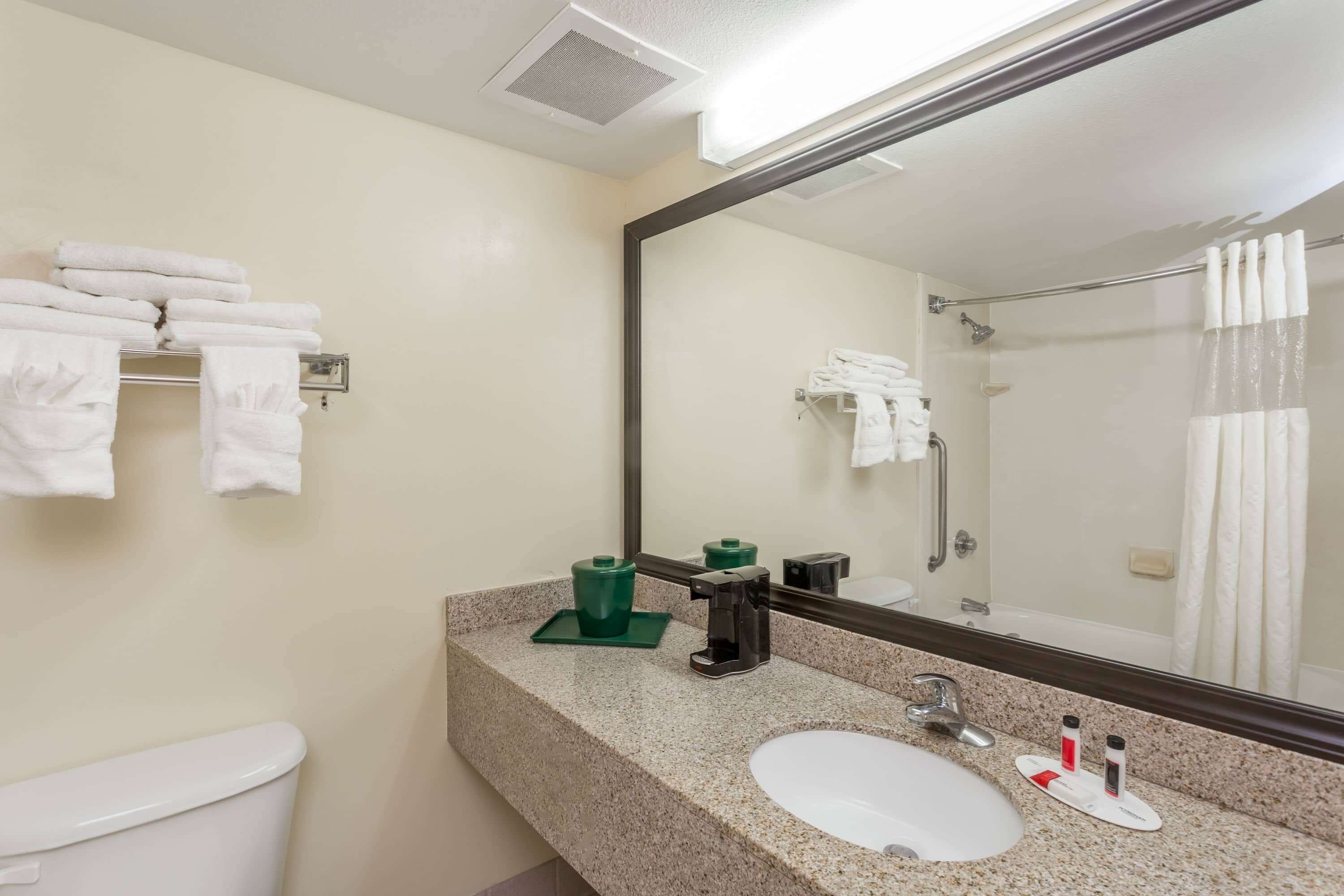 combined shower/bathtub, free toiletries, hair dryer, towels