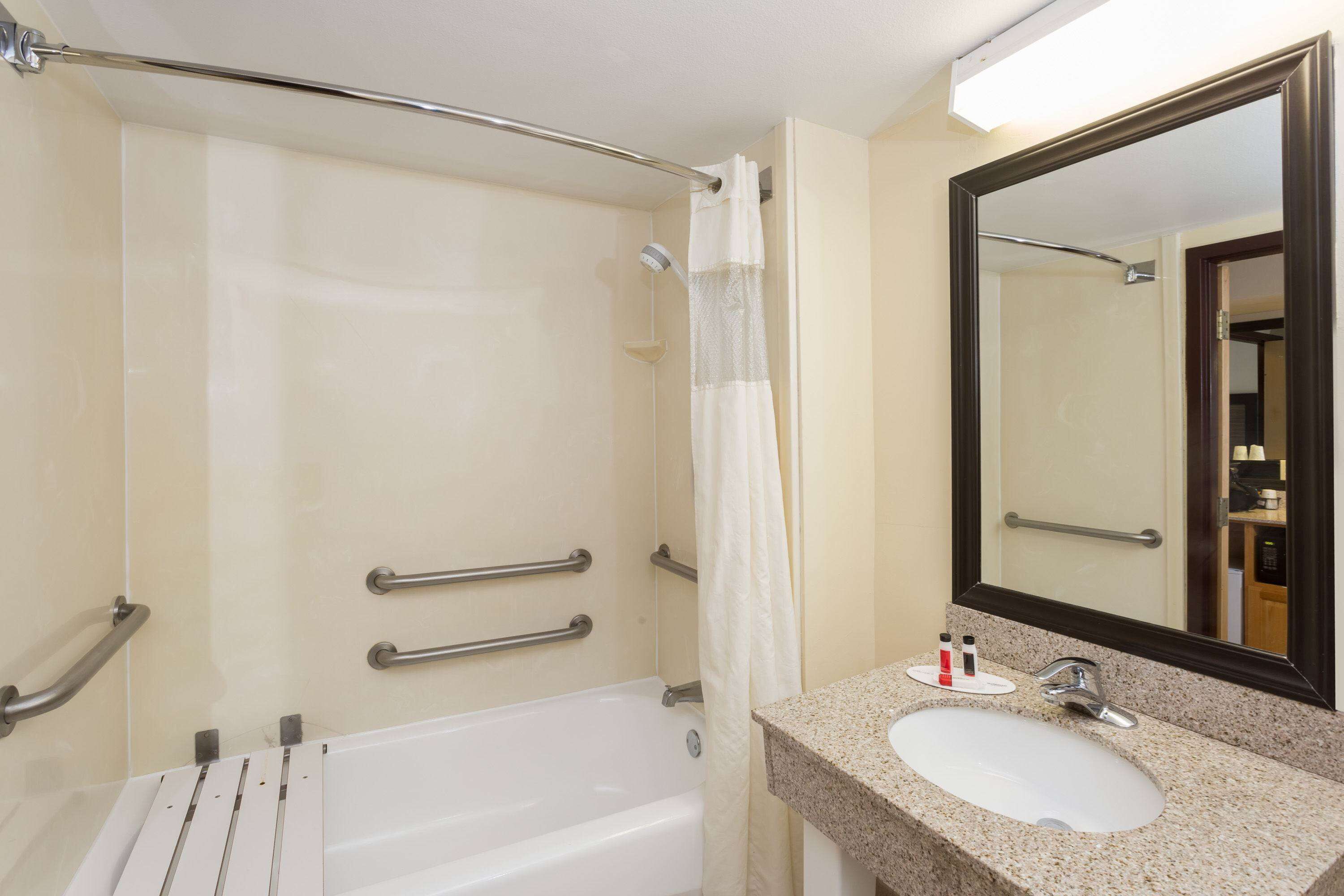combined shower/bathtub, free toiletries, hair dryer, towels