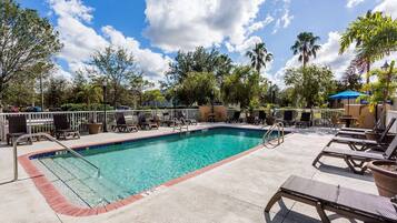 Outdoor pool, open 8:00 AM to 8:00 PM, sun loungers