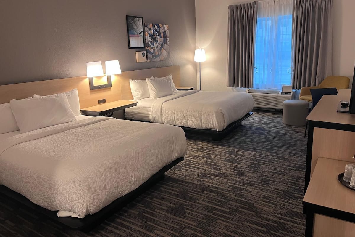Room, 2 Queen Beds (Mobility/Hearing Access, Roll-in Shwr) | Premium bedding, in-room safe, desk, iron/ironing board