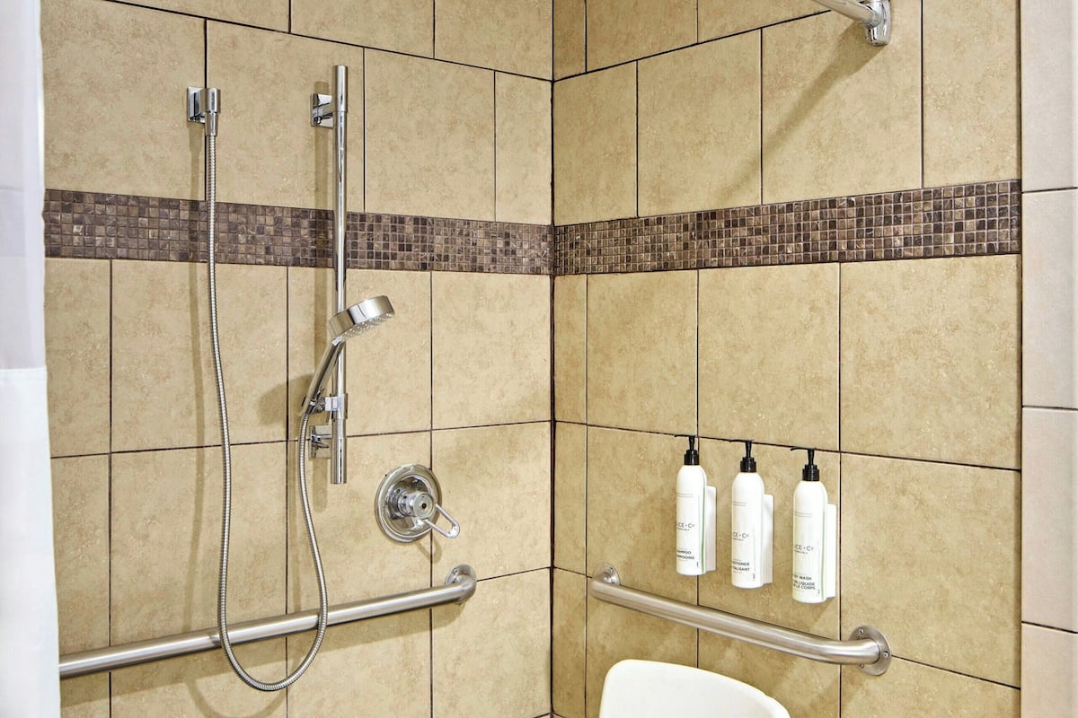 Room, 2 Queen Beds (Mobility/Hearing Access, Roll-in Shwr) | Bathroom | Combined shower/tub, free toiletries, hair dryer, towels