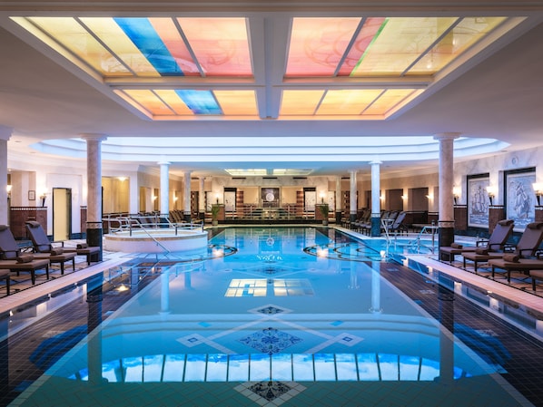 Indoor pool, outdoor pool, pool umbrellas, sun loungers