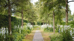 Un camino de piedra bordeado de flores blancas y follaje verde, que conduce a un edificio.