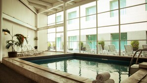 A swimming pool with lounge chairs and potted plants, surrounded by large windows. - Fiesta Inn Periferico Sur (Mexico City)