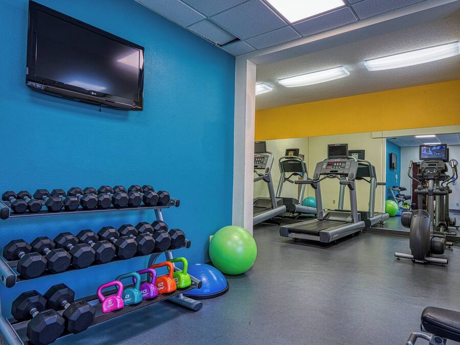 Et fitnessrum med træningsudstyr, et fjernsyn og et vægmonteret vægtstativ.