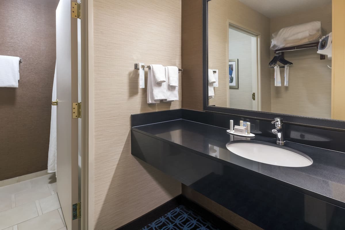 combined shower/bathtub, eco-friendly toiletries, hair dryer, towels