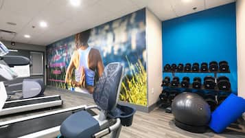 A gym with treadmills, a wall-mounted exercise ball, and a rack of dumbbells.