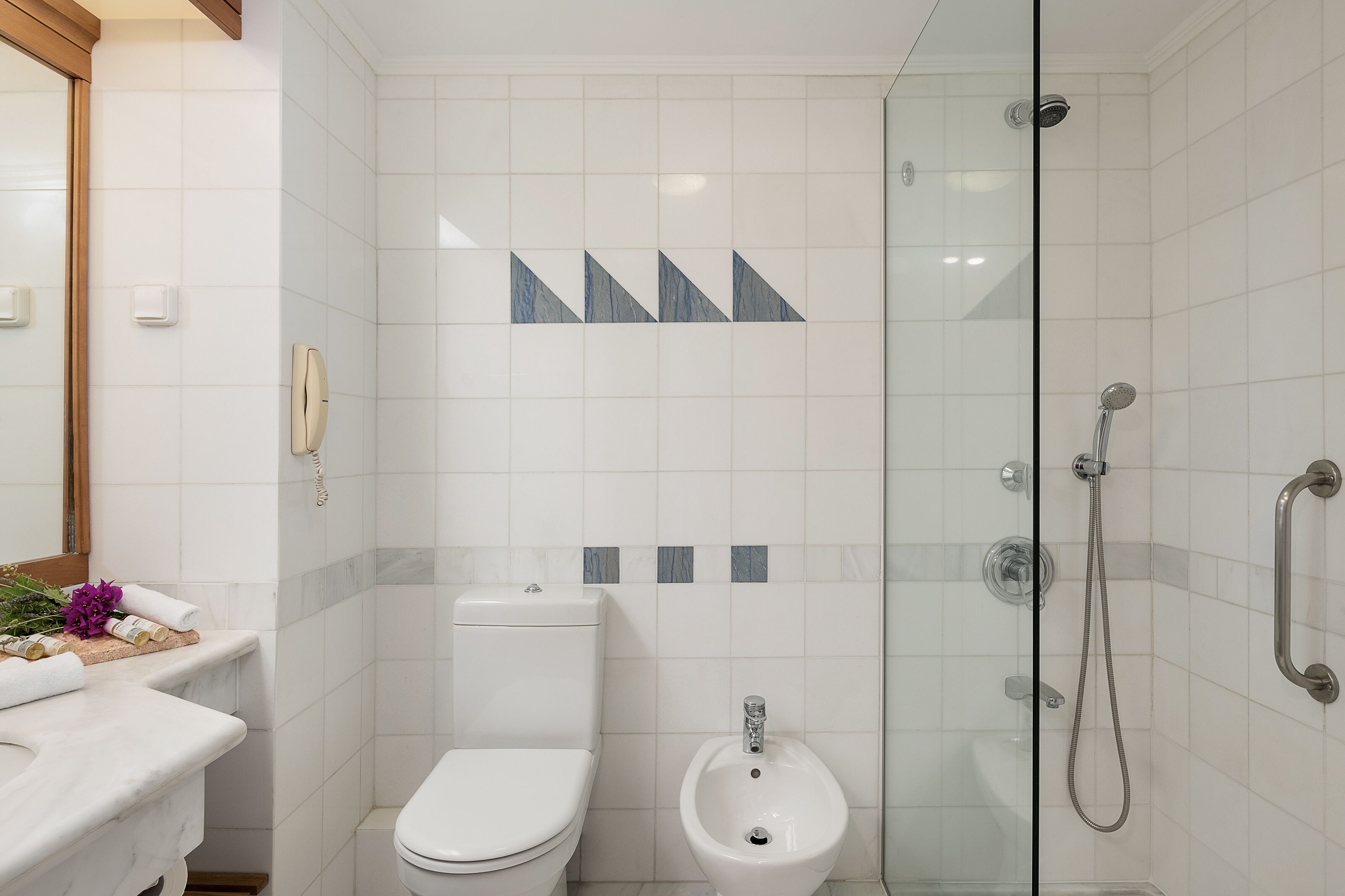 Un baño con inodoro, bidé y zona de ducha con mampara de vidrio.