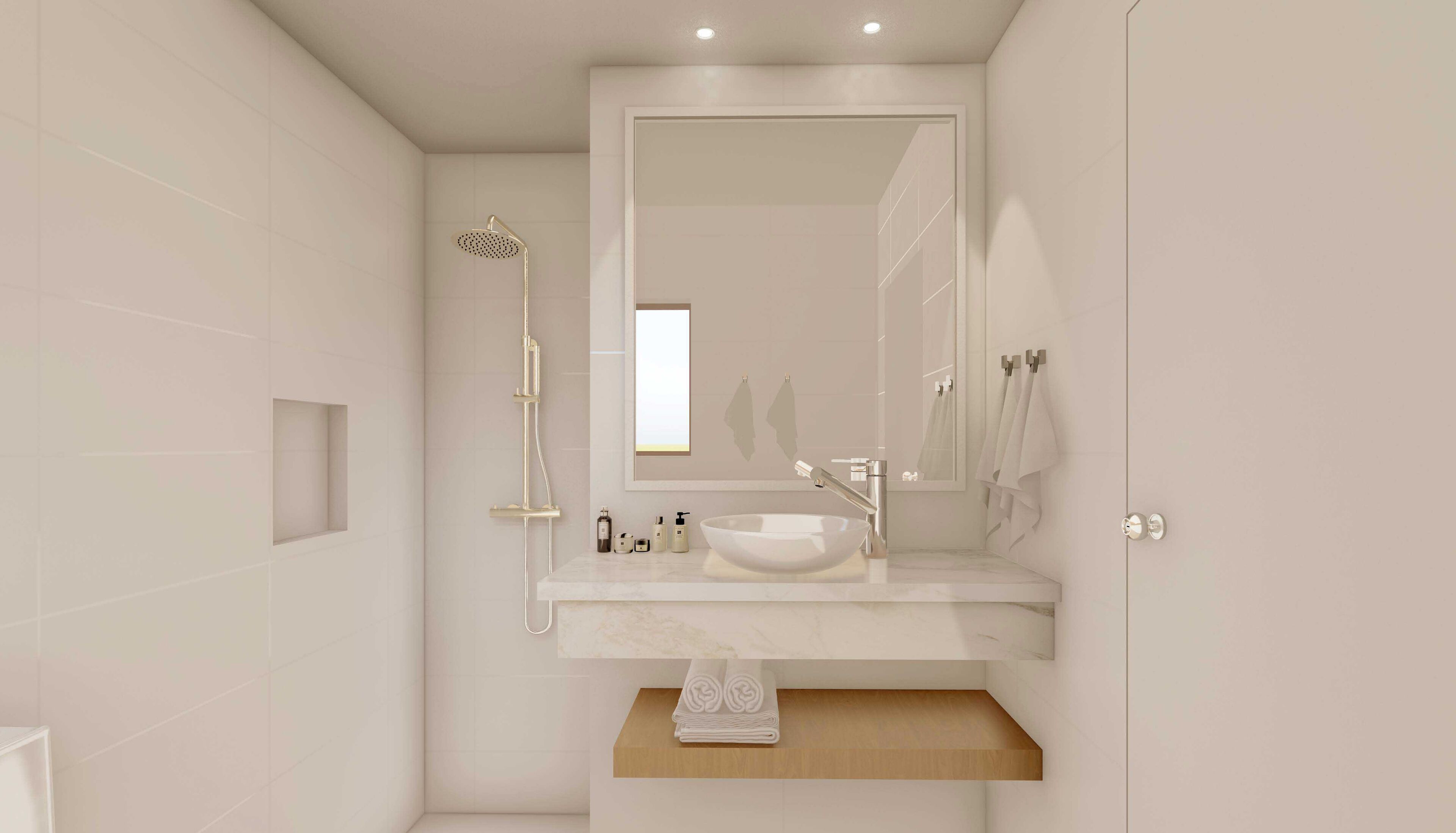 standard studio | bathroom | hair dryer, towels, soap, shampoo