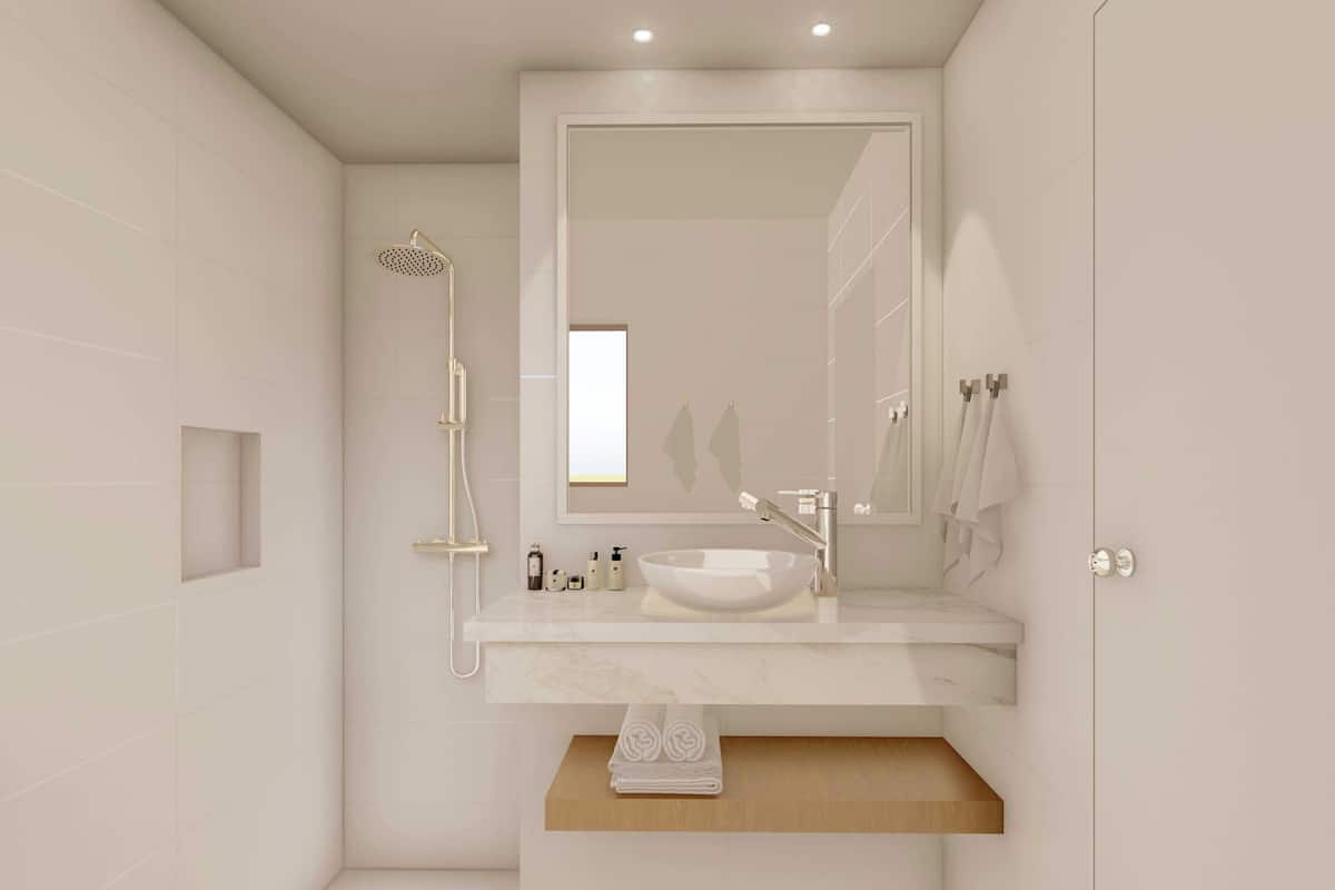 standard studio | bathroom | hair dryer, towels, soap, shampoo