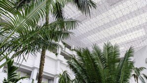 Un edificio moderno con techo alto y una estructura de malla.