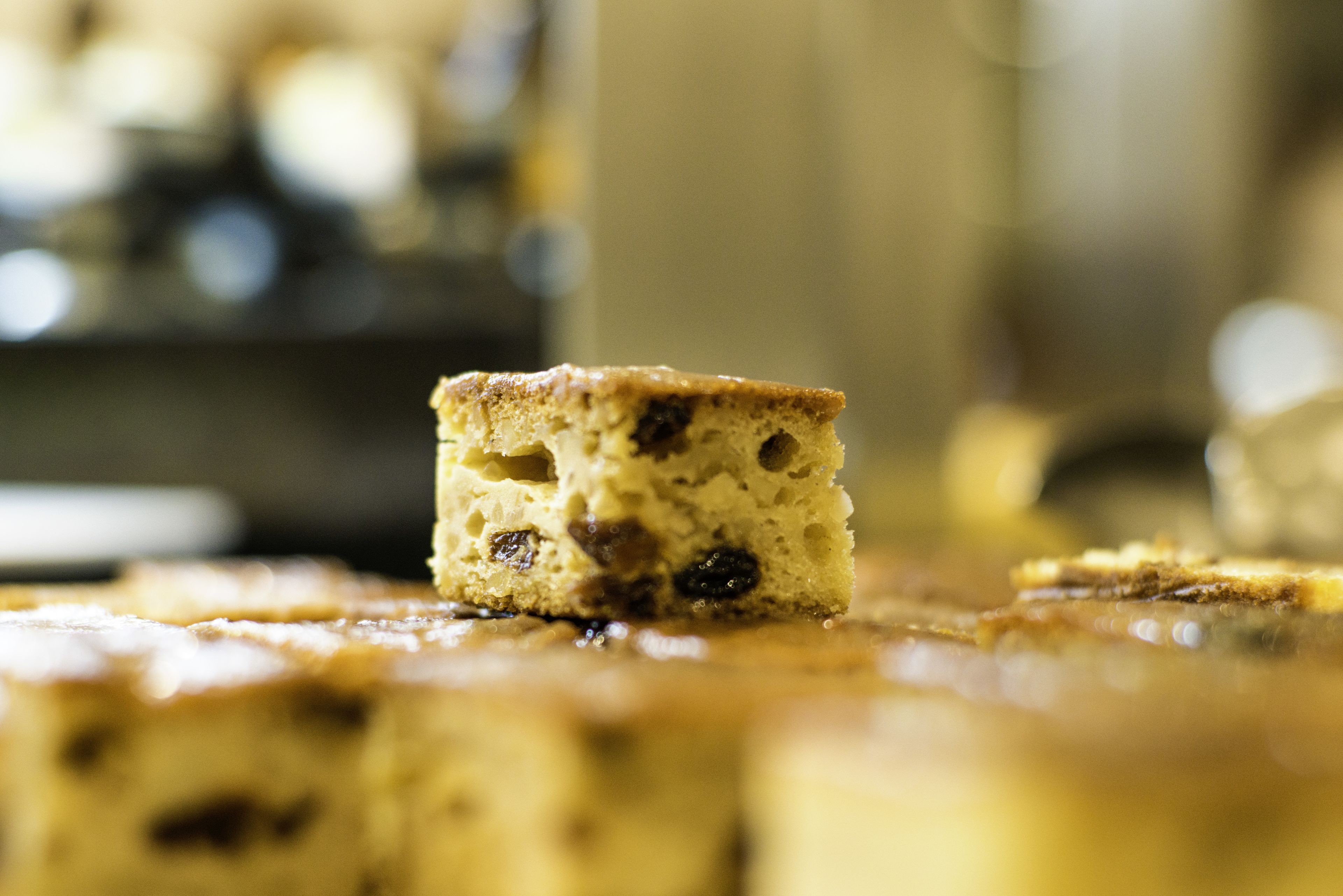 A close-up of a cake with visible raisins and a dusting of powdered sugar.