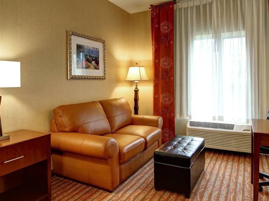 Habitación de hotel con sofá de cuero, una mesita, lámpara, un cuadro en la pared y ventana con cortinas.