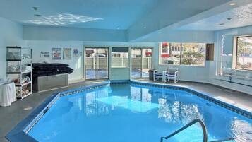 Indoor pool, seasonal outdoor pool, pool loungers