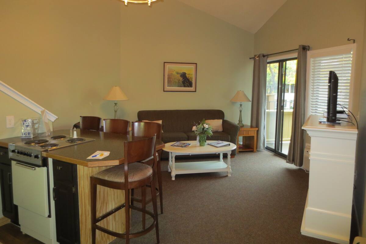 A compact kitchen with a dining area, a sofa, and a TV.