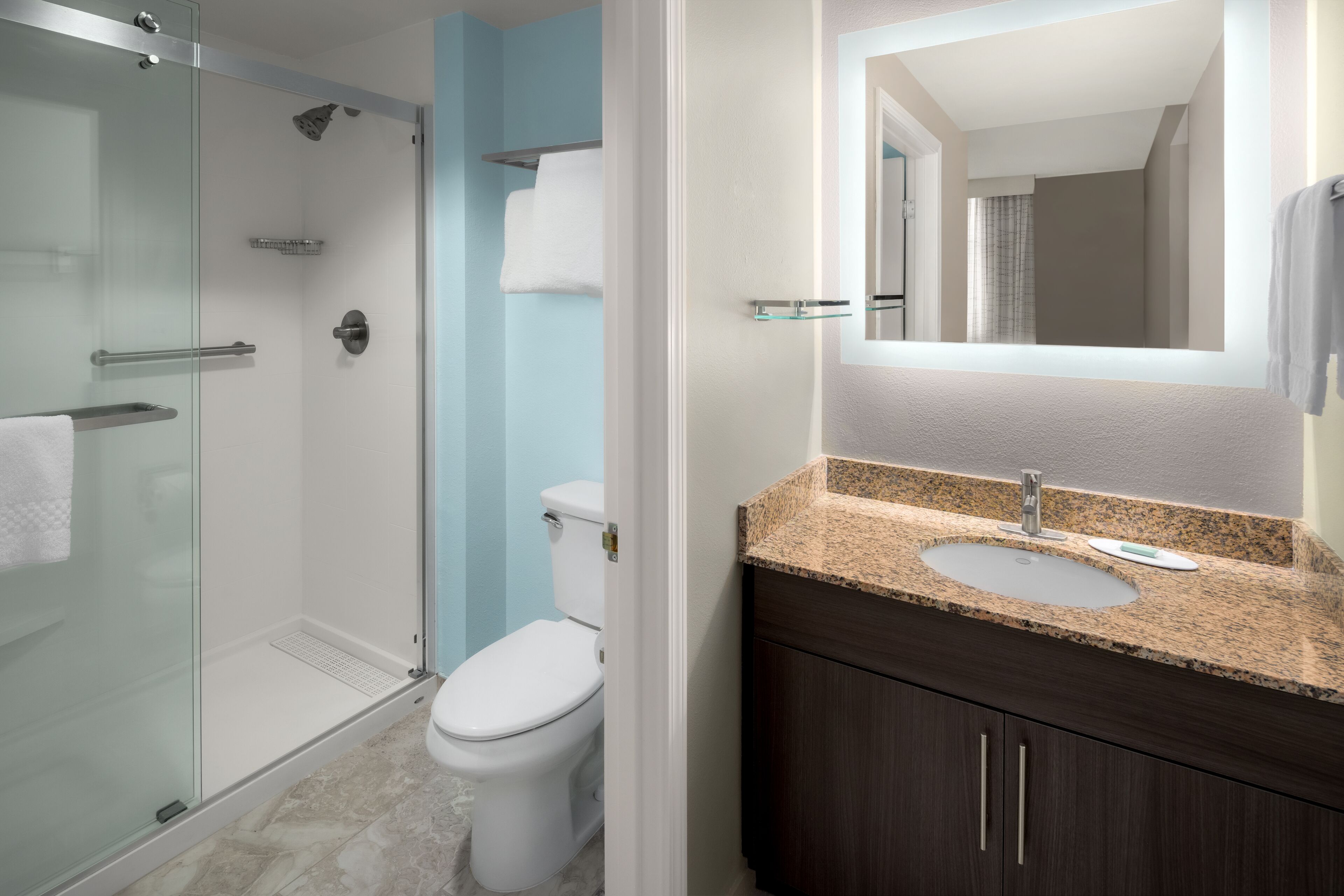 combined shower/bathtub, free toiletries, hair dryer, towels