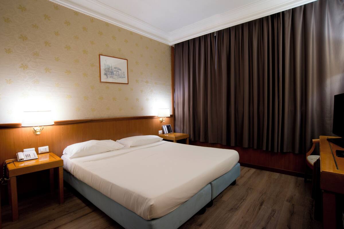 A hotel room with a large bed, a bedside table with a lamp, a telephone, and a framed picture on the wall.