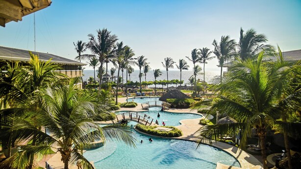 A resort pool area with palm trees, a bridge, and a view of the ocean.