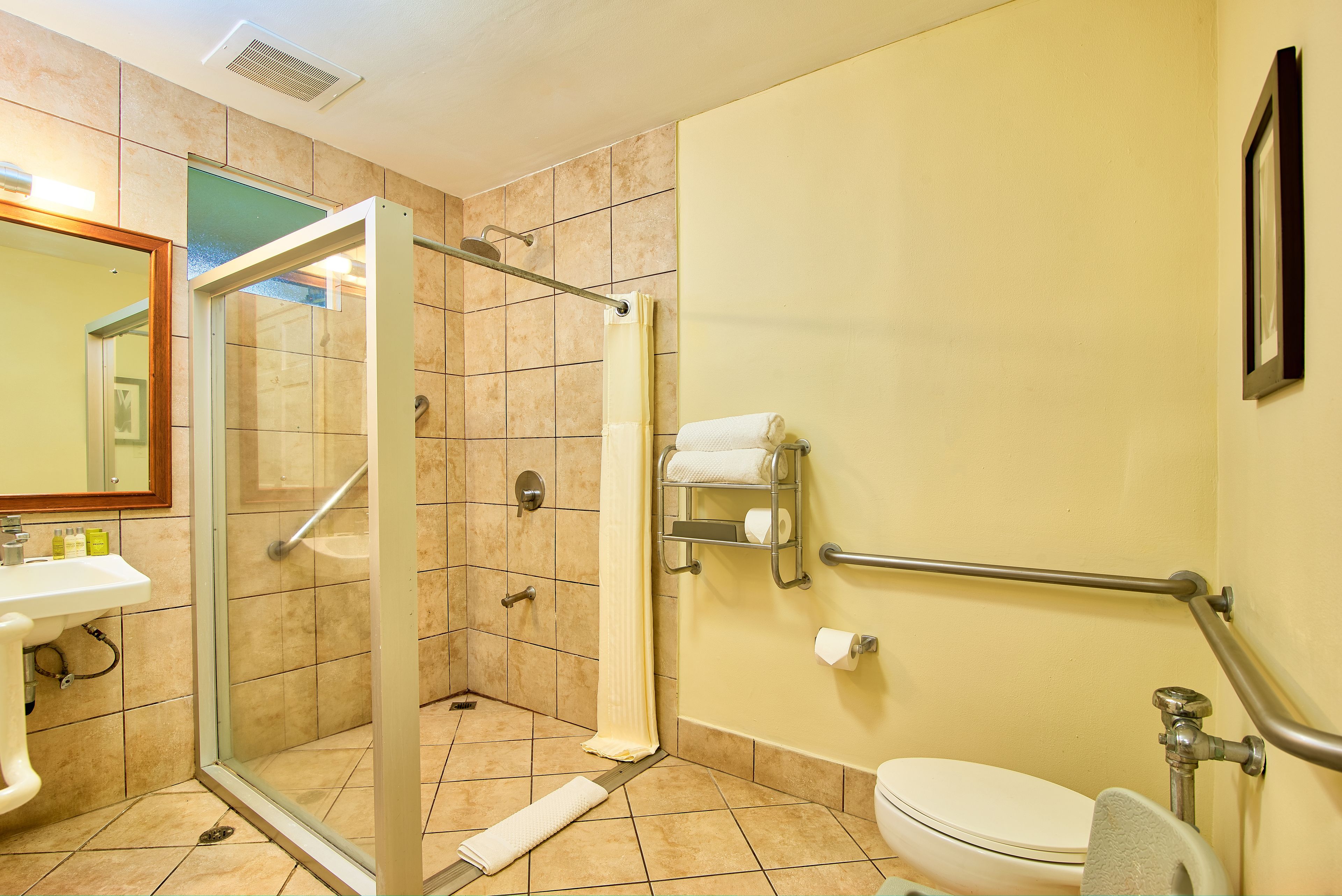 A bathroom with a glass shower enclosure, a toilet, a sink, and a mirror.