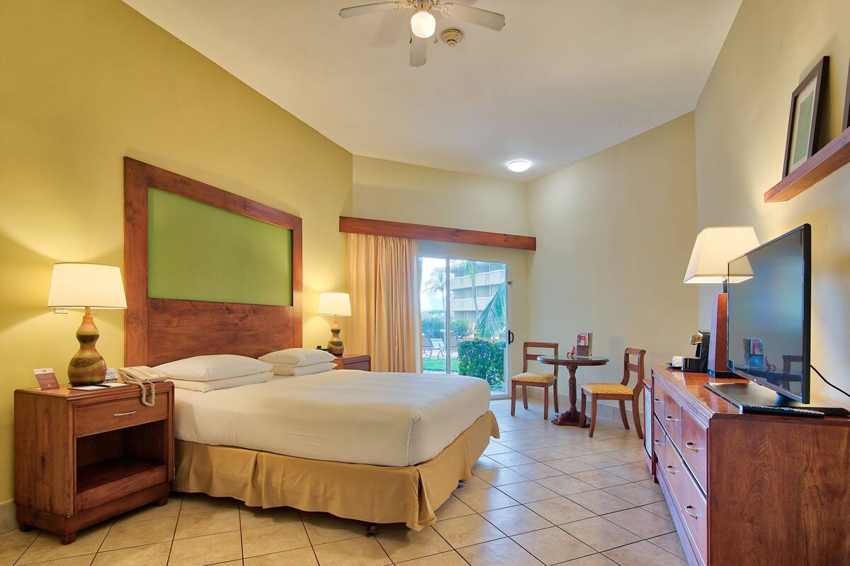 A hotel room with a bed, bedside lamps, a TV, a desk with a chair, and a view of the outdoors.