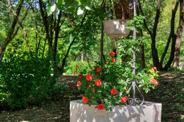 A concrete planter with a metal stand holding a potted plant with red flowers, set against a forest backdrop. - Park Hotel Junior (Quarto d'Altino)
