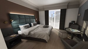 A modern hotel room with a large bed, a bedside table with a lamp, a small round table, and a large window with curtains. - Park Hotel Junior (Quarto d'Altino)