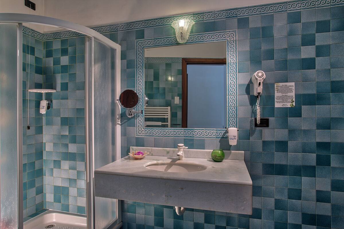 rainfall showerhead, hair dryer, bidet, towels