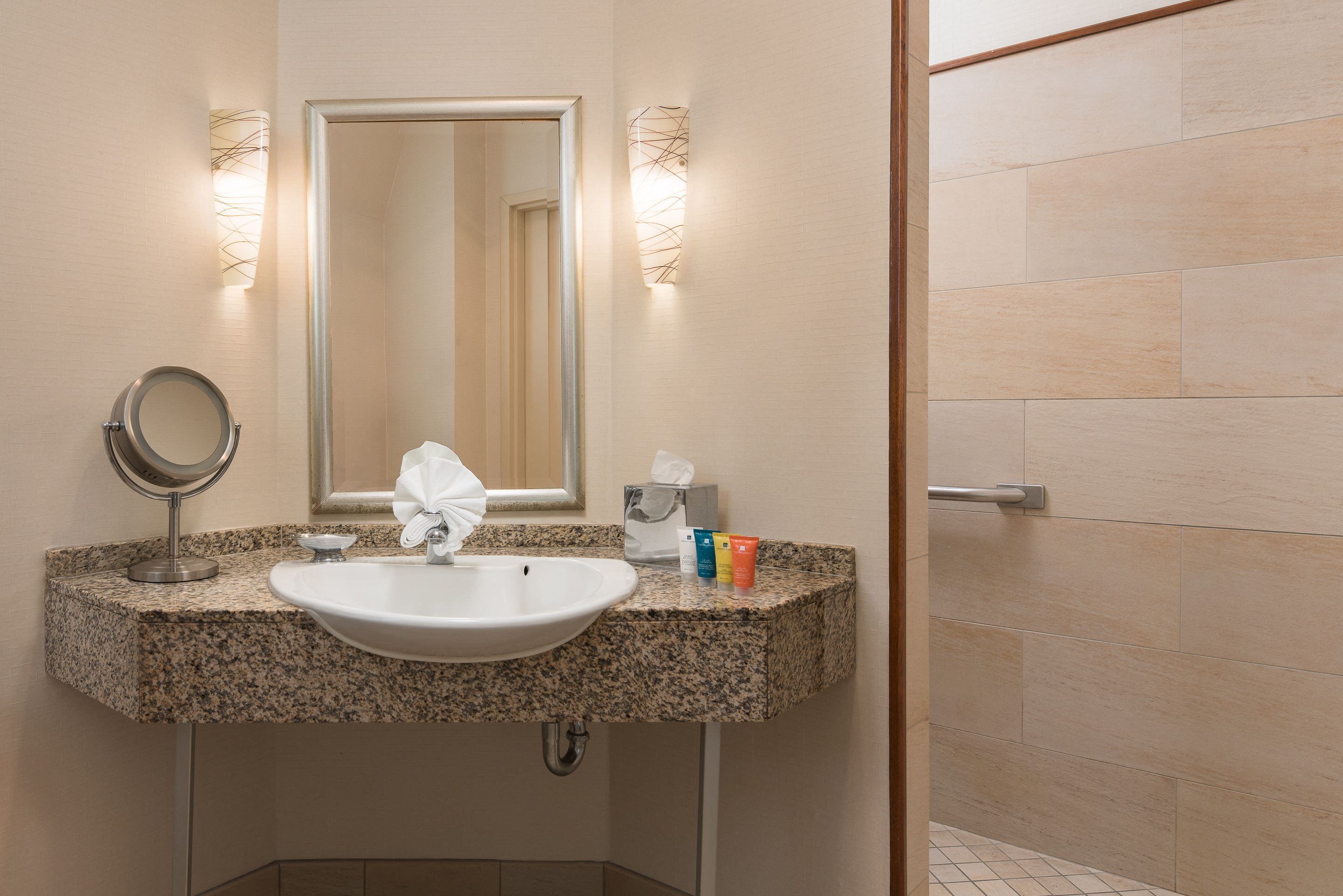 shower, designer toiletries, hair dryer, bathrobes