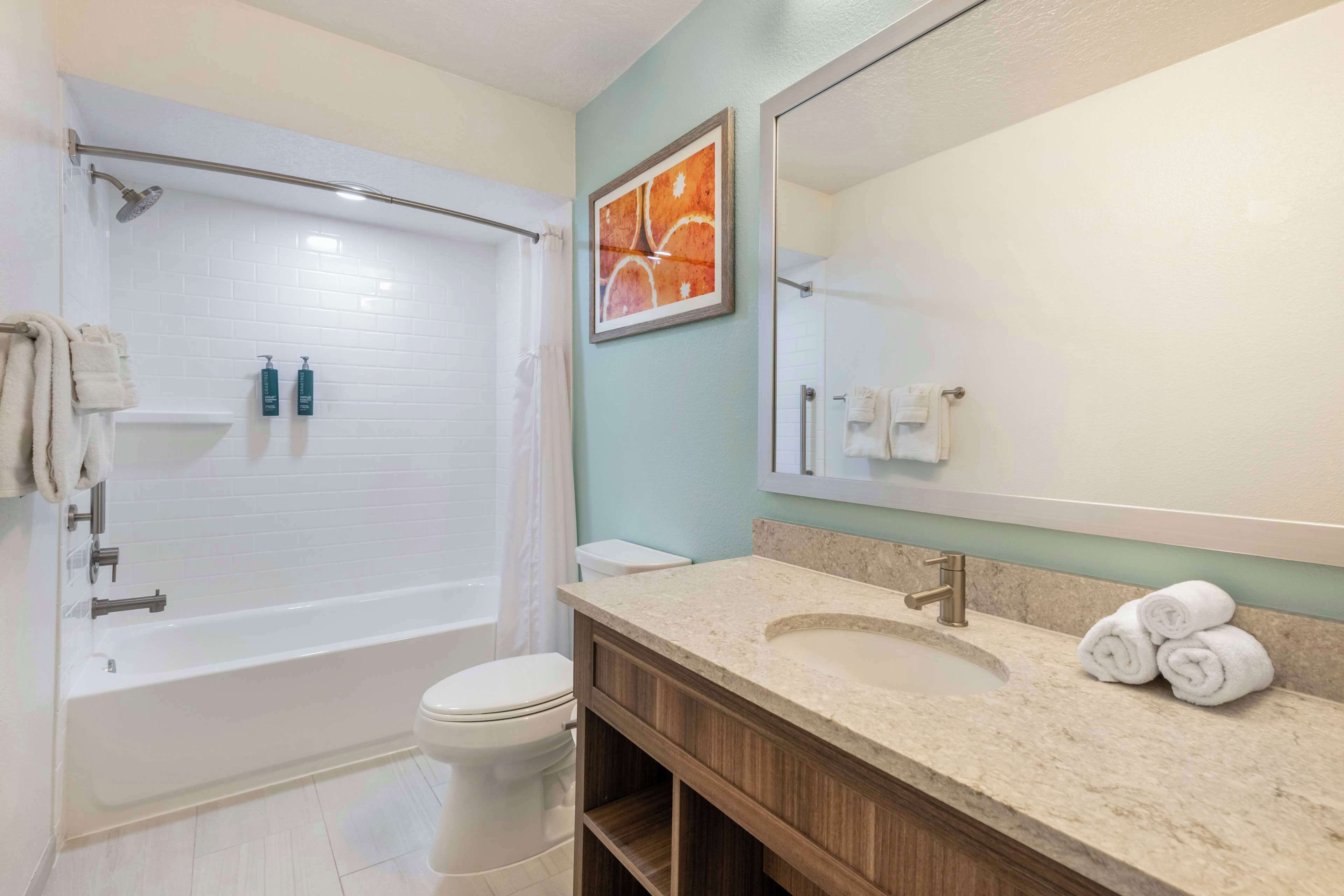 A bathroom with a bathtub, toilet, sink, and a large mirror.