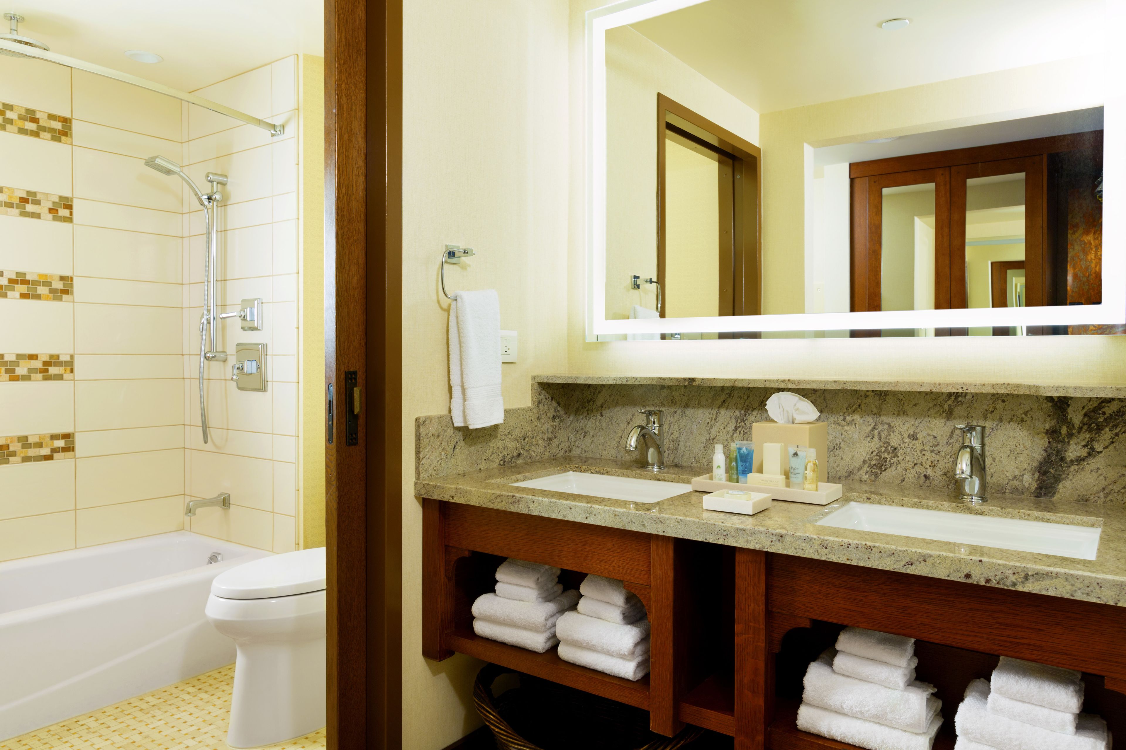 combined shower/bathtub, free toiletries, hair dryer, towels