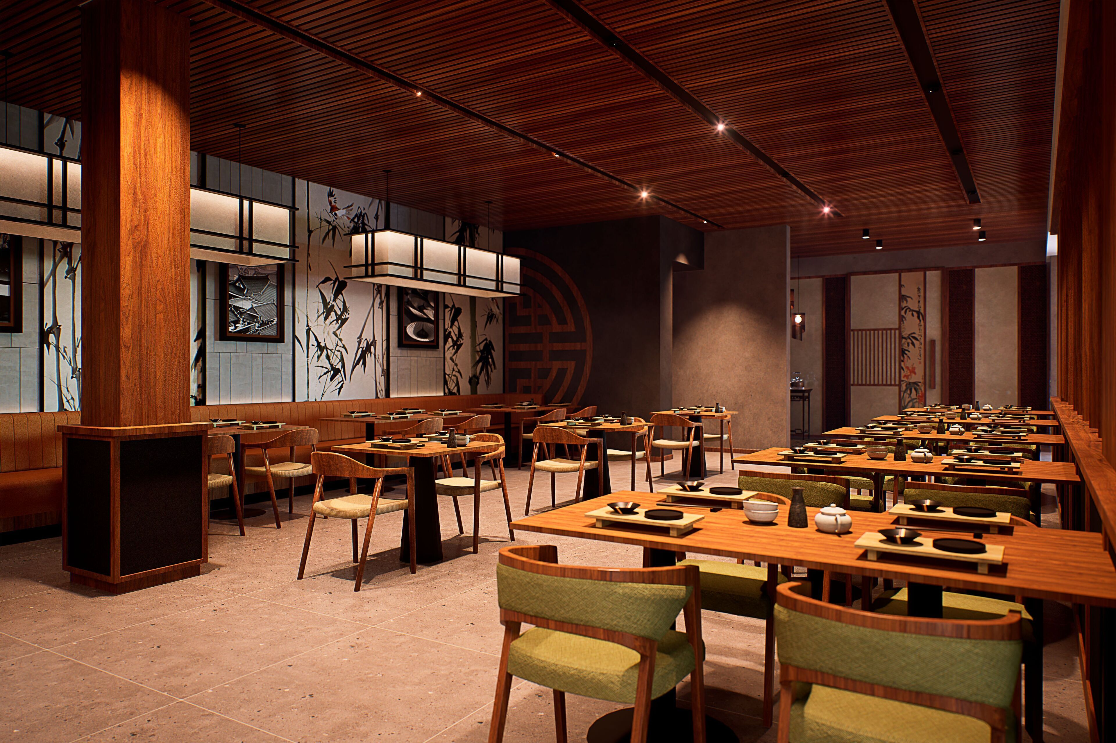 A restaurant with wooden tables and chairs, a tiled floor, and a traditional Asian decor.