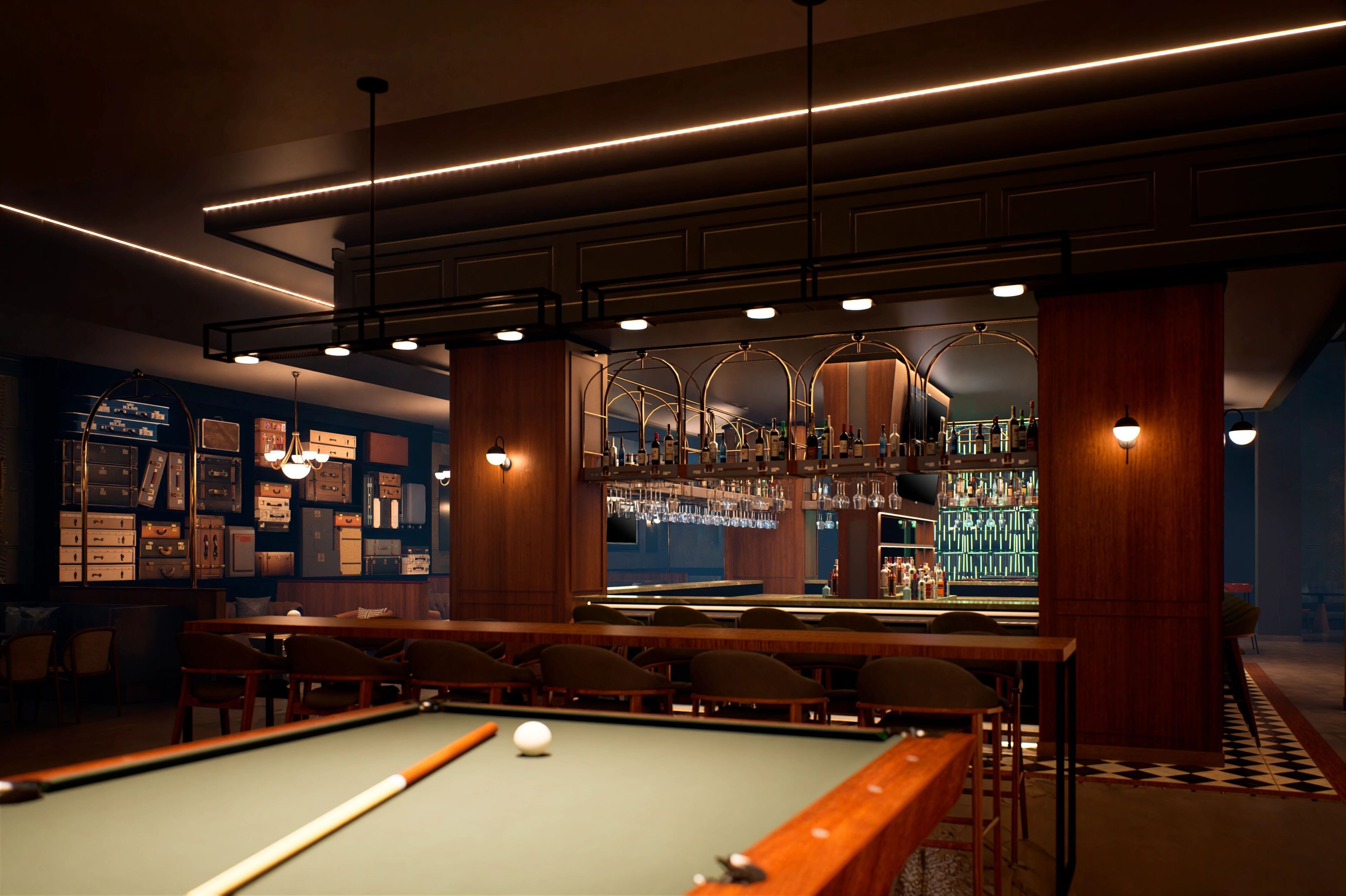 A bar area with a pool table, bar stools, and a well-stocked bar counter.