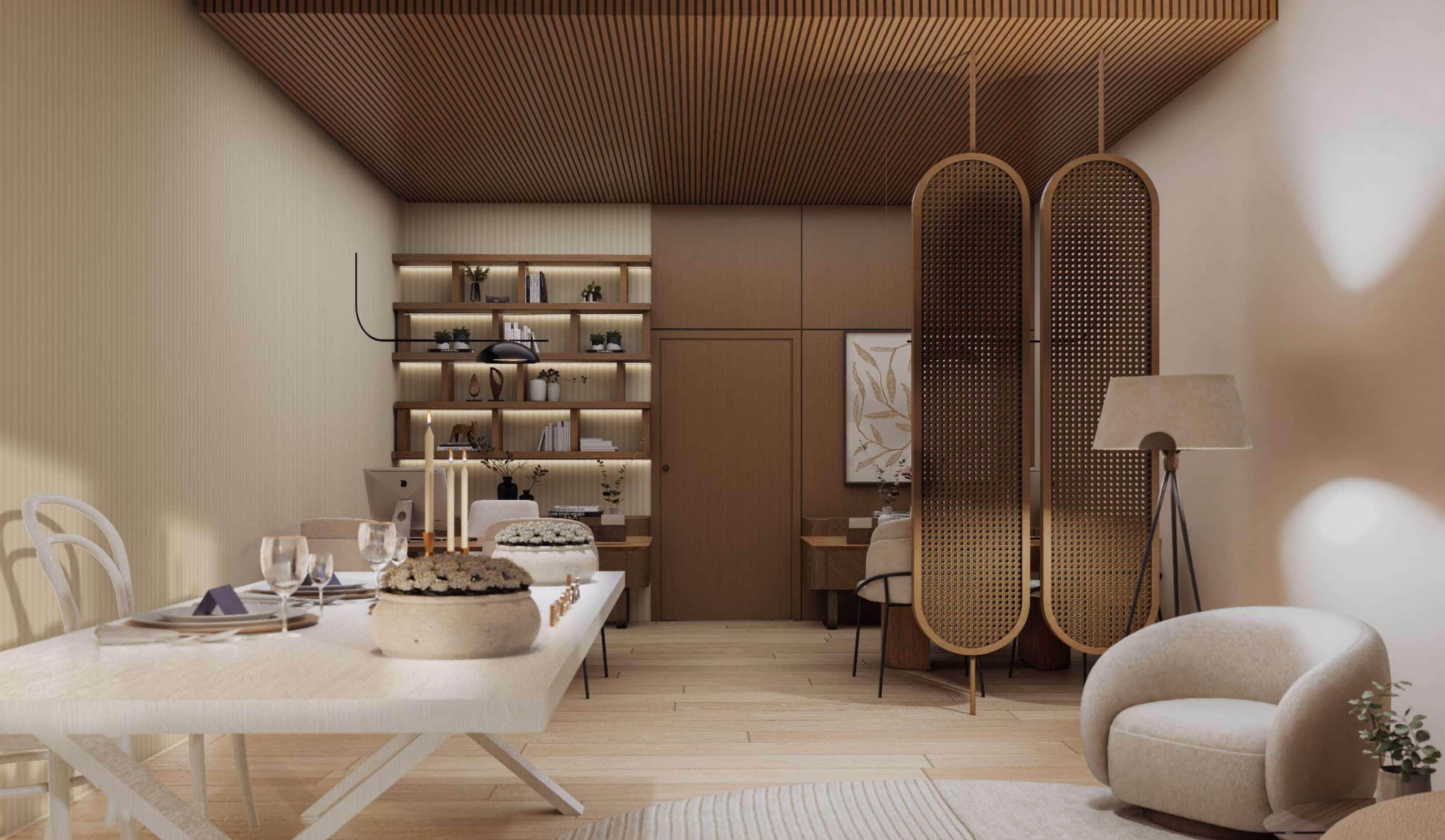 A modern interior with a dining area, a bookshelf, a rattan partition, and a lamp.