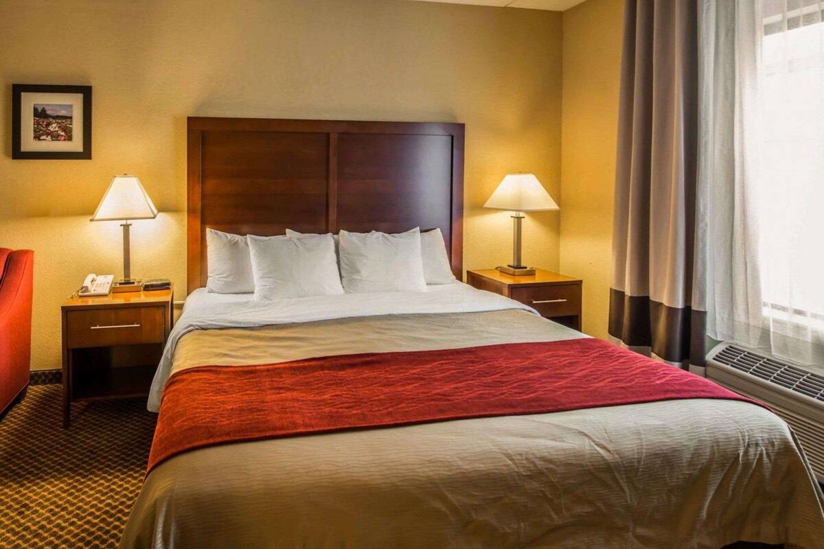 A hotel room with a large bed, two bedside tables with lamps, a red throw blanket, a framed picture on the wall, and a window with curtains.