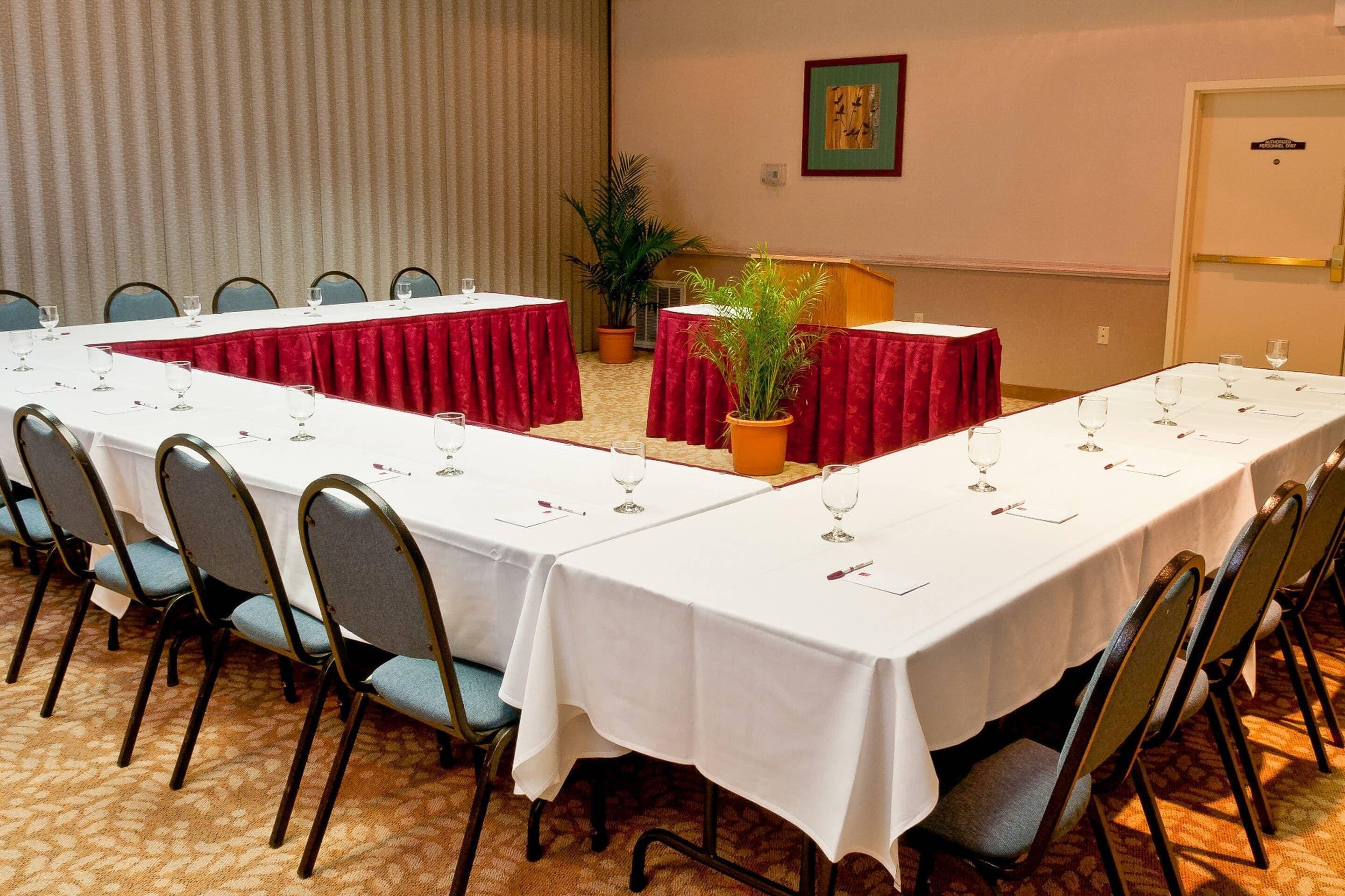 Un salón de conferencias con mesas largas, sillas y una planta en maceta.