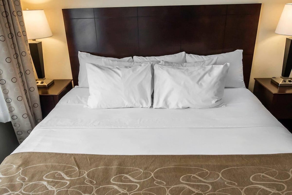 A hotel room with a large bed, two bedside lamps, a dark headboard, and a patterned throw blanket.