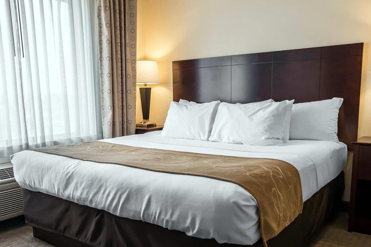 A hotel room with a large bed, a headboard, a bedside lamp, and a window with curtains.