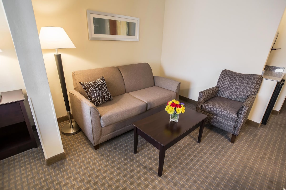 A hotel room with a sofa, armchair, coffee table, and a lamp.