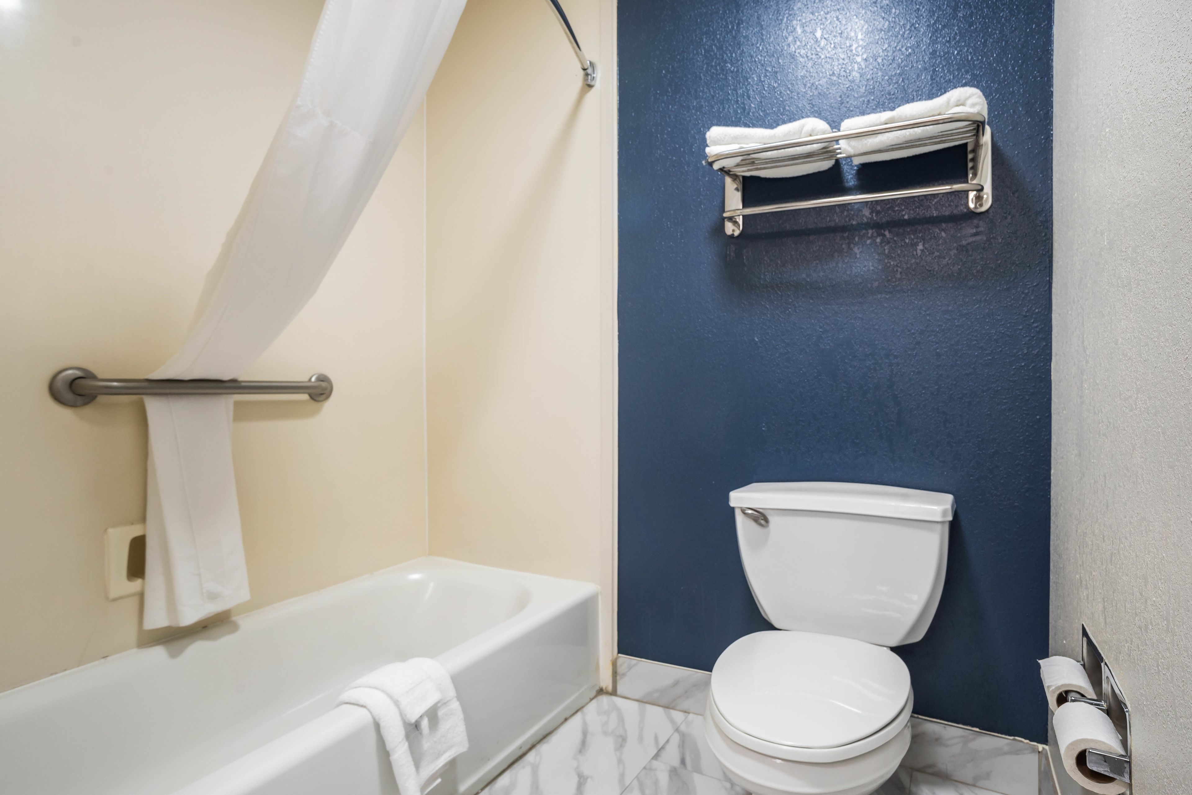Une salle de bain avec une baignoire, des toilettes et un porte-serviettes.