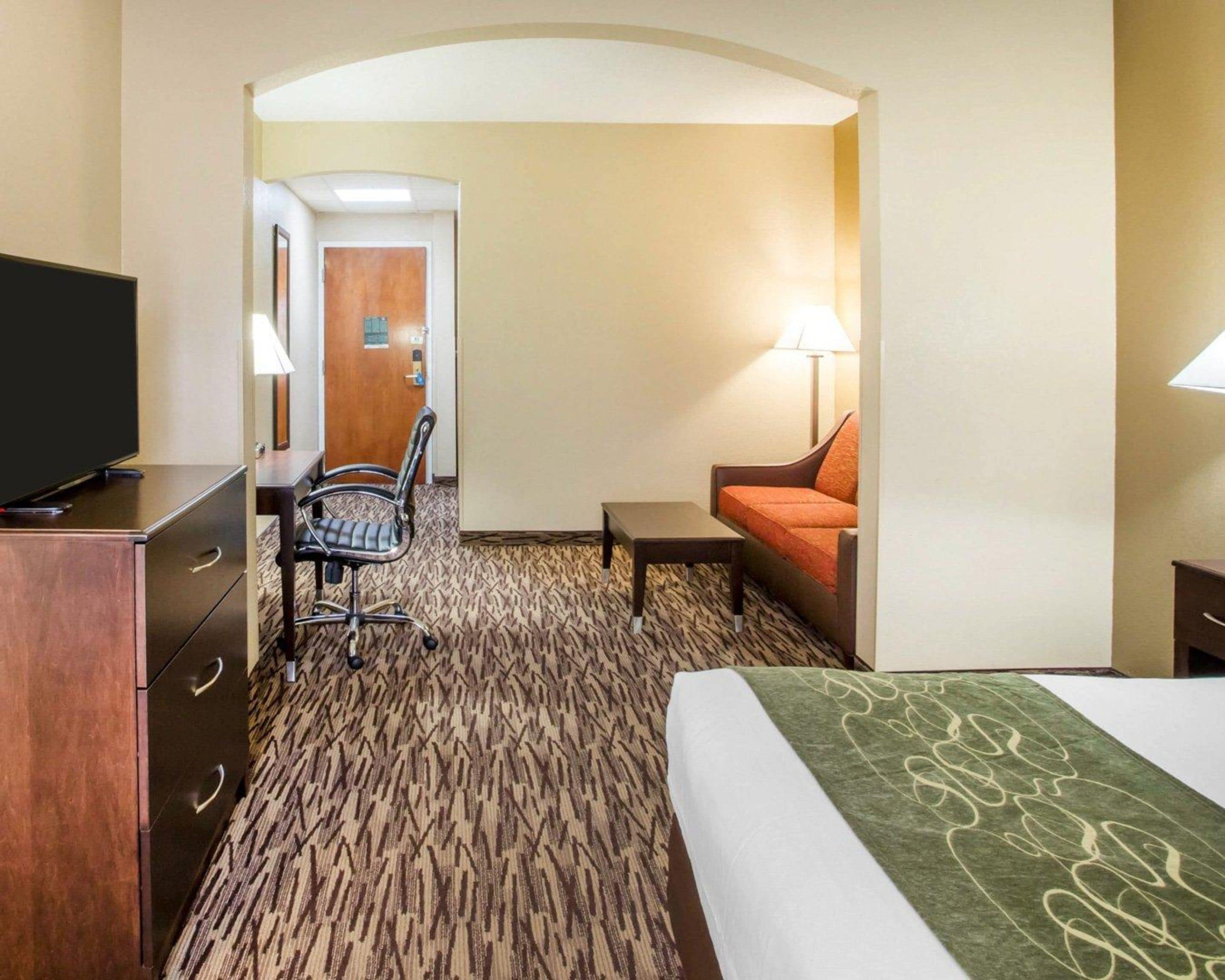 premium bedding, desk, laptop workspace, iron/ironing board