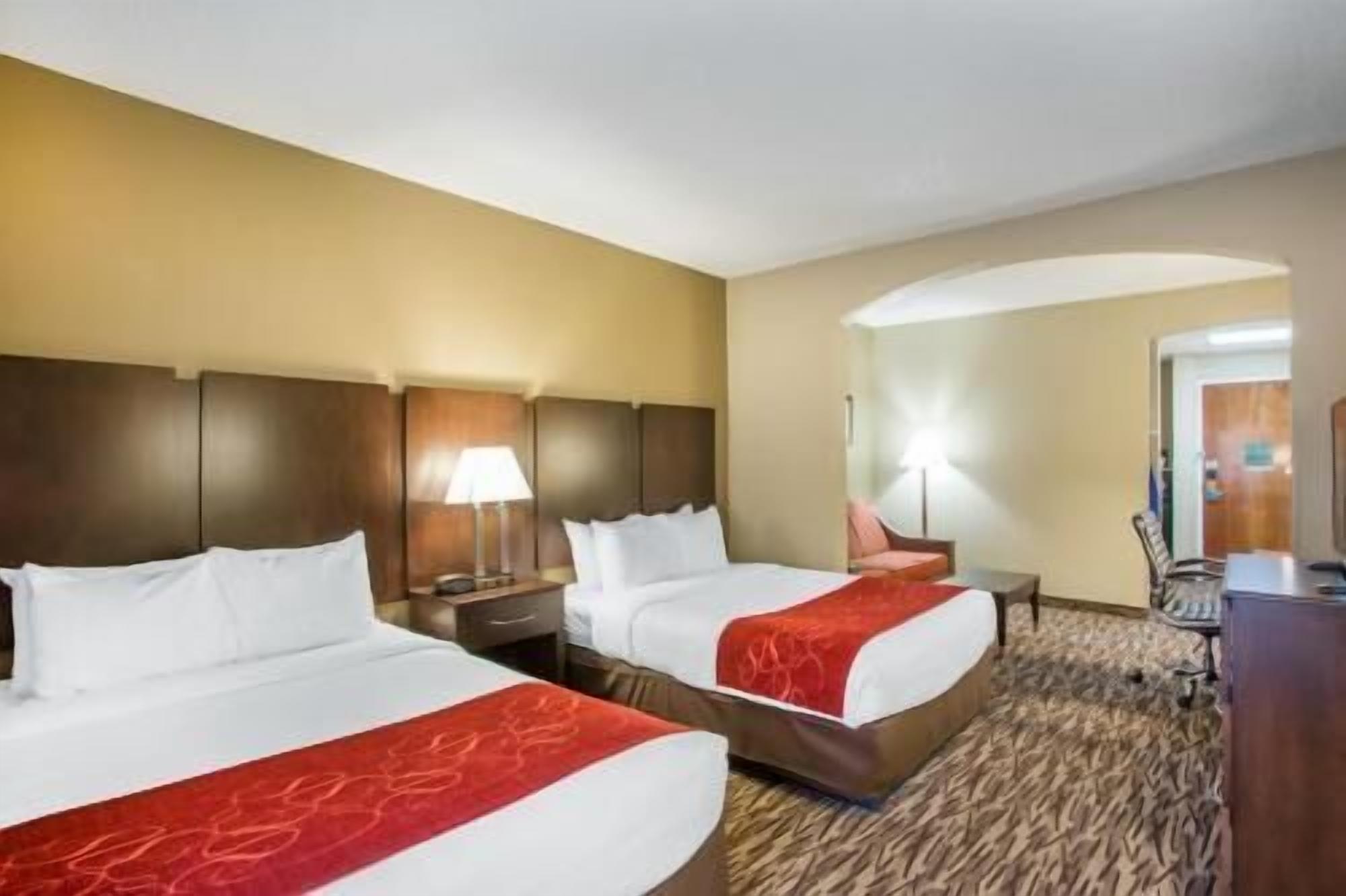 Premium bedding, desk, laptop workspace, iron/ironing board