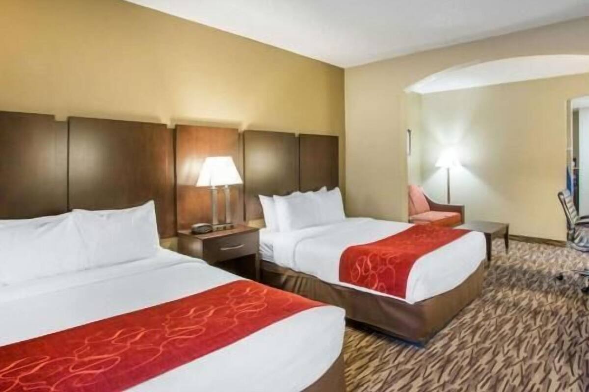 A hotel room with two beds, a nightstand with a lamp, a chair, and a carpeted floor.