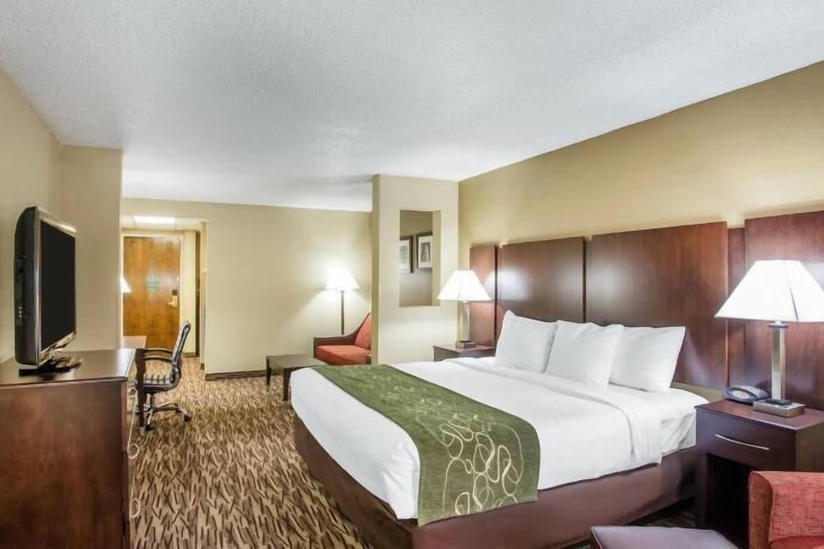 A hotel room with a bed, a desk with a television, two lamps, a chair, and a carpeted floor.