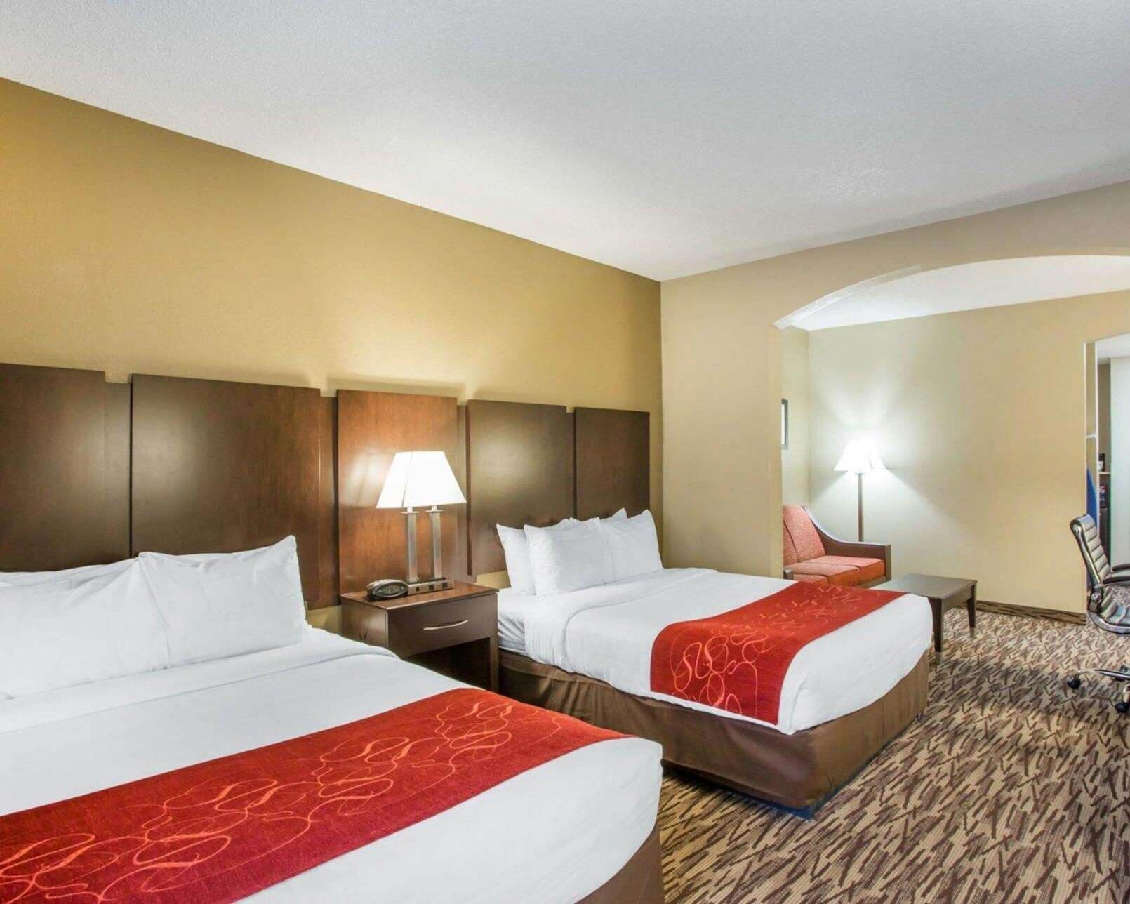 Premium bedding, desk, laptop workspace, iron/ironing board