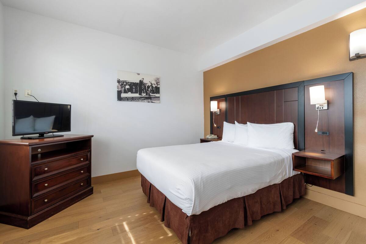 A hotel room with a bed, a dresser, a television, and a wall-mounted light fixture.