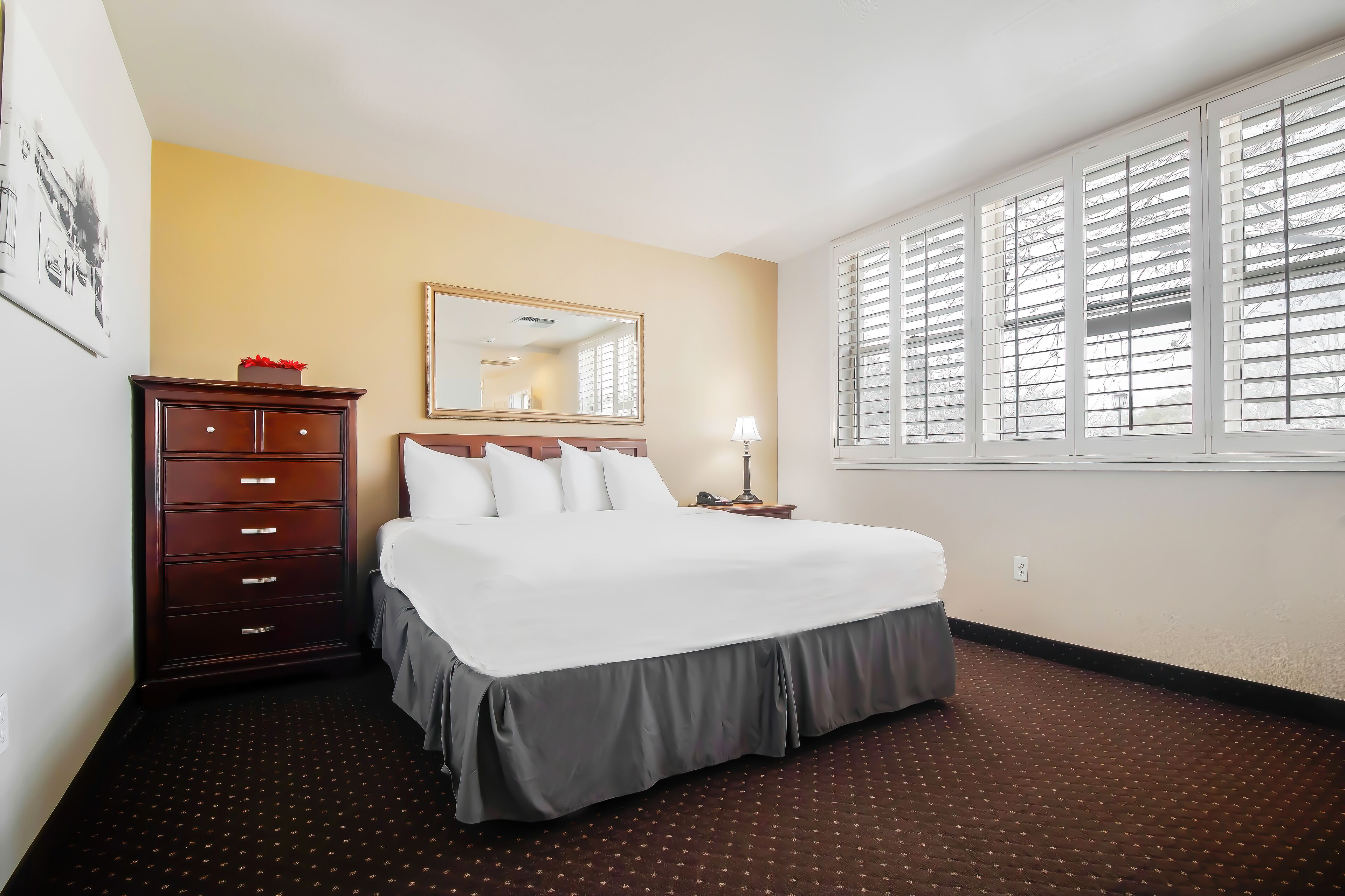 Habitación de hotel con cama, cómoda, espejo, ventana con persianas y suelo alfombrado.