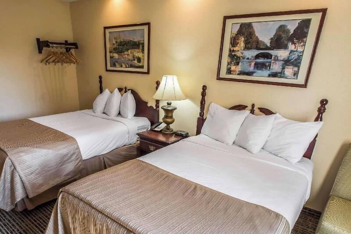 Une chambre d’hôtel avec deux lits, une lampe, un téléphone et deux tableaux encadrés au mur.